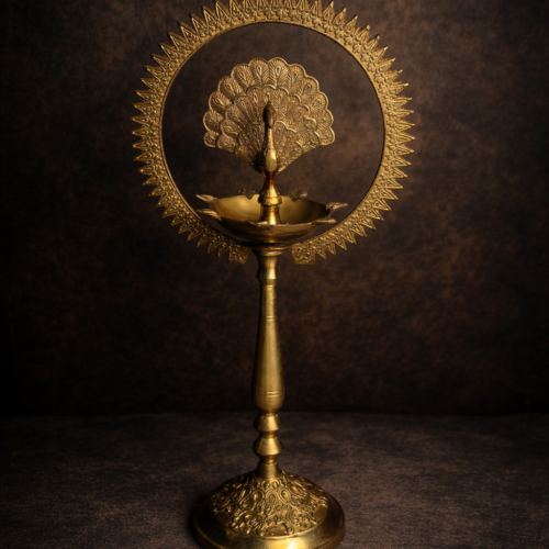 Vintage Brass Peacock Diya Stand with Decorative Halo – 70+ Years Old