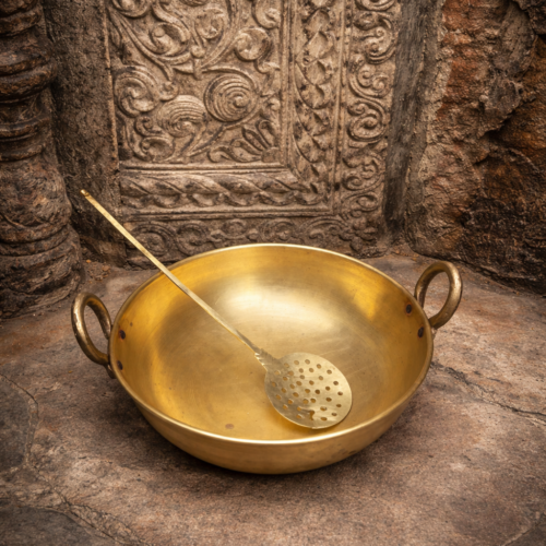 Vintage brass kadhai with jaali ladle