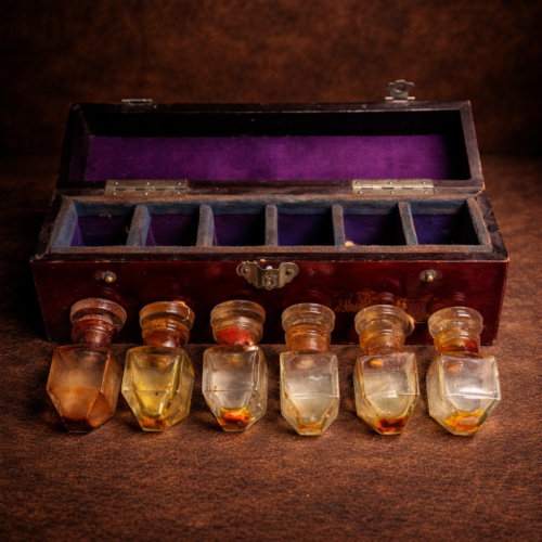 Vintage Perfume / Attar Set with Original Wooden Storage Box – Complete Antique Collection