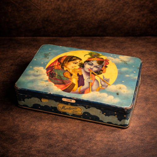 Vintage Morton’s Sweets Tin Box with Radha Krishna Artwork – Rare Collectible Storage Box