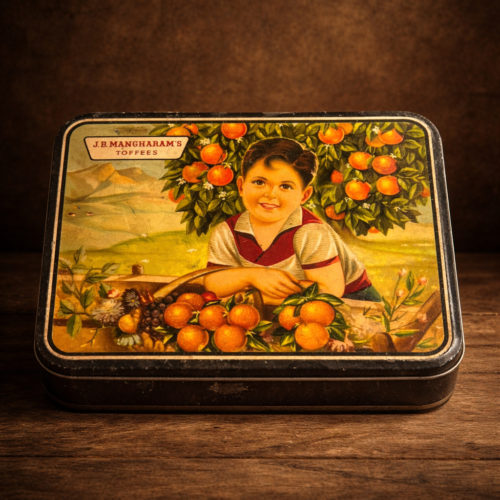 Vintage J.B. Mangharam’s Toffees Tin Box – Rare Lithographed Storage Box