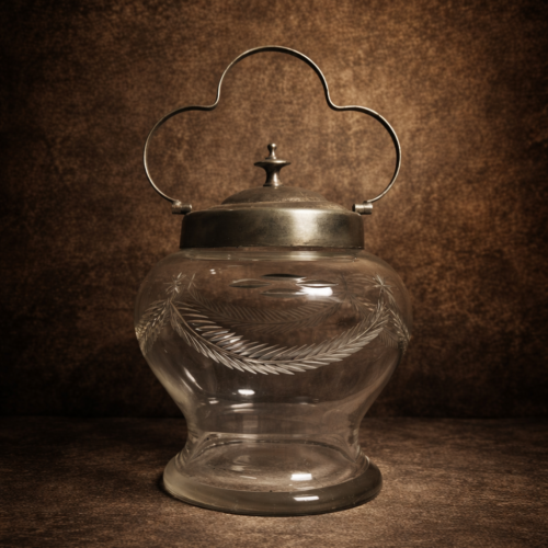 Vintage Cut Glass Storage Jar with Metal Lid & Handle – Decorative Antique Piece