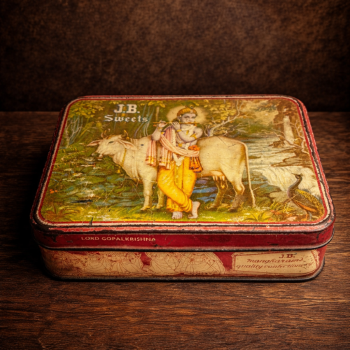 Vintage “J.B. Sweets” Tin – Lord Gopal Krishna Artwork