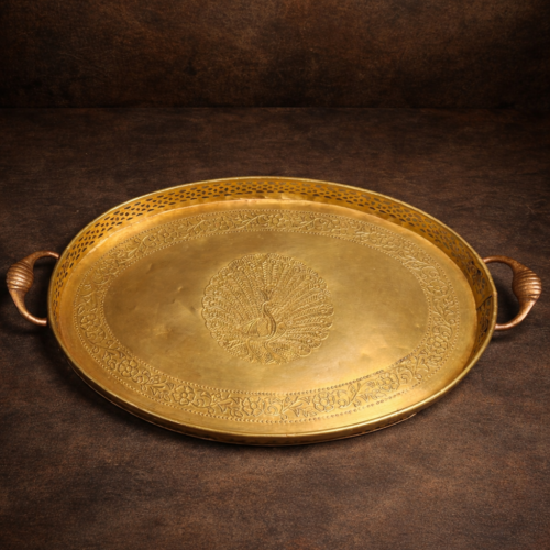 Vintage Brass Serving Tray with Peacock Engraving (Handcrafted)