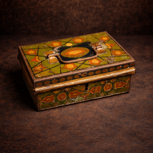 Vintage Hand-Painted Metal Storage Box with Handle – Antique Cash / Jewelry Box (80+ Years Old)