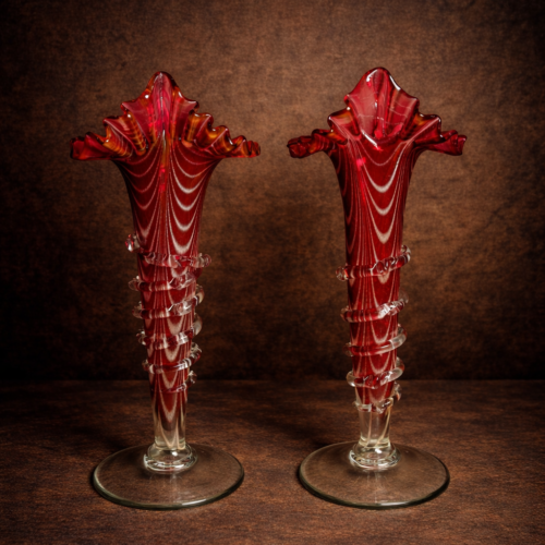 Pair of Vintage Hand Blown Ruby Art Glass Vases