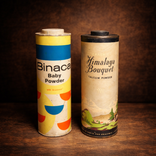 Set of 2 Vintage Talcum Powder Tins – Binaca Baby Powder & Himalaya Bouquet