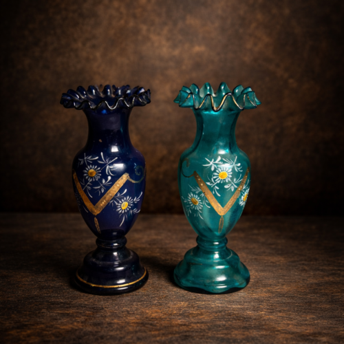 Vintage Hand-Painted Art Glass Mini Vases (Pair)