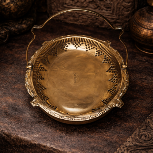 Vintage Brass Pierced Serving Basket with Handle