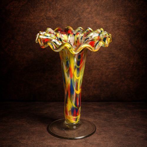 Vintage Hand-Blown Multicolor Art Glass Vase – Ruffled Rim Statement Piece