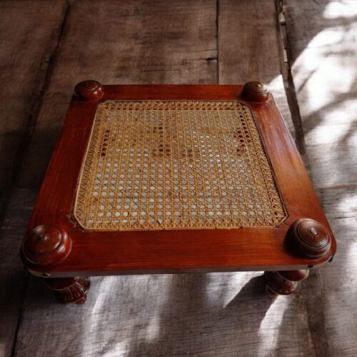 Vintage Hand-Carved Wooden Cane Stool / Chowki (Colonial Style)