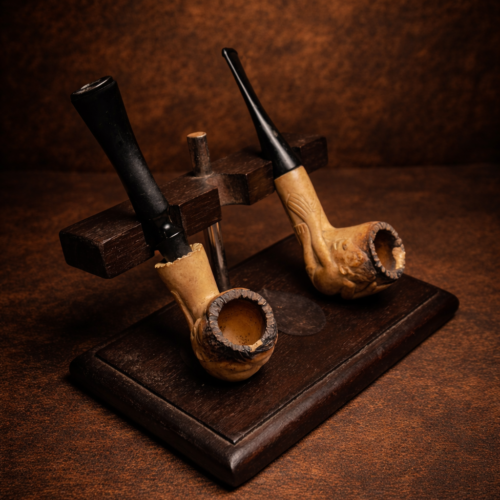 Vintage Hand-Carved Smoking Pipe Set with Wooden Stand – Rare Collectible