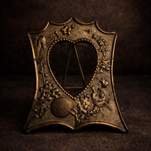 Antique Brass Photo Frame with Silver Polish (Heart Design | Embossed Floral & Bird Work)