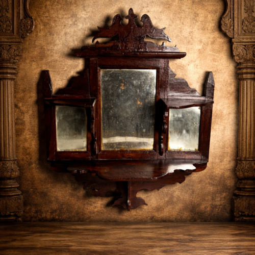 “Vintage Teak Wood 3 Panel Wall Mirror Cabinet | Antique Storage & Décor Piece”