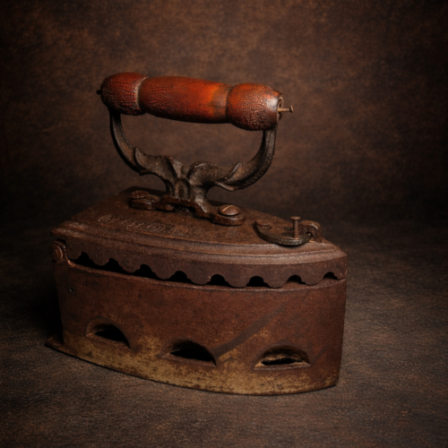 Rare Antique Coal Iron Press – Cast Iron with Wooden Handle | Vintage Laundry Tool