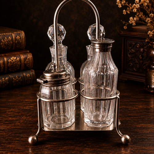 Rare Antique Cut Glass Cruet / Condiment Set with Silver-Plated Stand