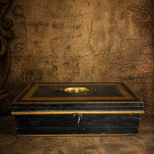 Vintage Black Metal Storage Box with Brass Handle