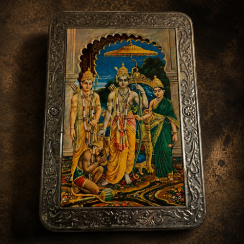 Vintage Mangharam Biscuit Tin Storage Box with Ram Darbar Artwork | Collectible Decorative Tin Box