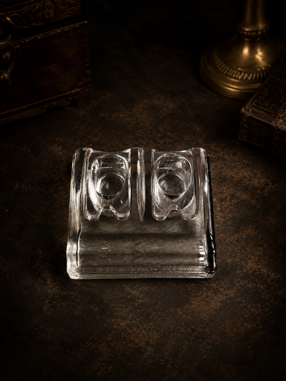 Rare Vintage Glass Double Inkwell Desk Stand / Fountain Pen Holder
