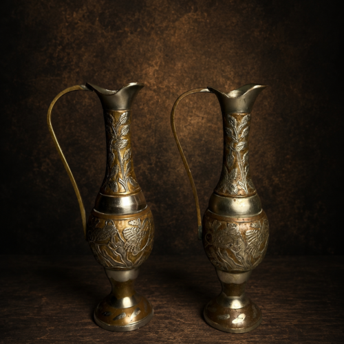 Vintage Hand-Carved Brass Pitcher Pair