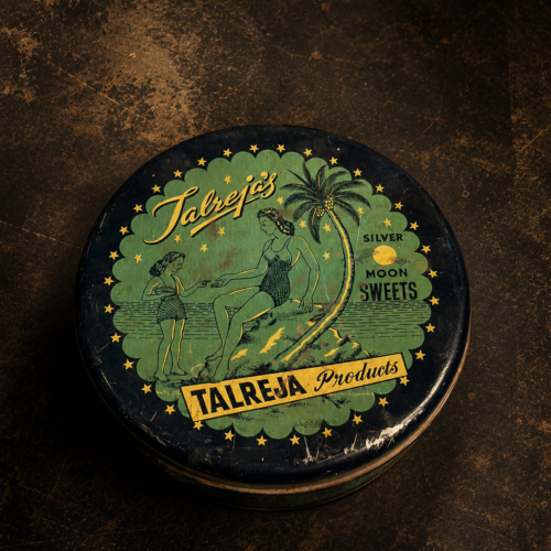 Rare Vintage Talreja’s “Silver Moon Sweets” Tin Box – Round Printed Collectible Box