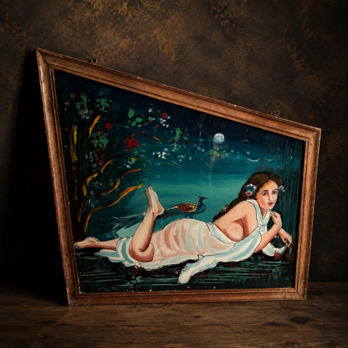 Vintage Reverse Glass Painting of Lady with Peacock
