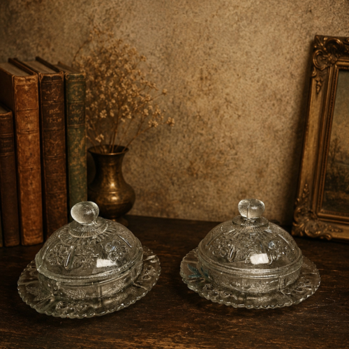Vintage Pressed Glass Lidded Trinket Boxes with Matching Trays (Set of 2)