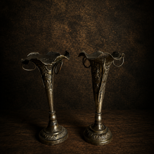 Pair of Vintage Hand-Engraved Metal Flower Vases