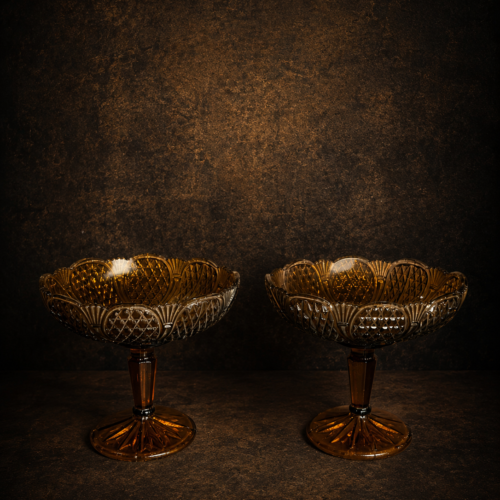 Original Vintage Amber Glass Pedestal Compote Bowl Set – Pair | Rare Molded Glass Dessert Bowls