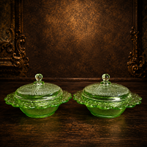 Vintage Green Depression Glass Covered Candy Bowls – Set of 2