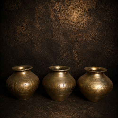 Set of 3 Hand-Engraved Vintage Brass Matka / Pot | Original Old Decorative Brass Collection