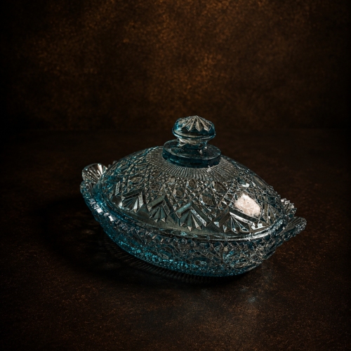 Vintage Blue Pressed Glass Covered Trinket / Soap Dish