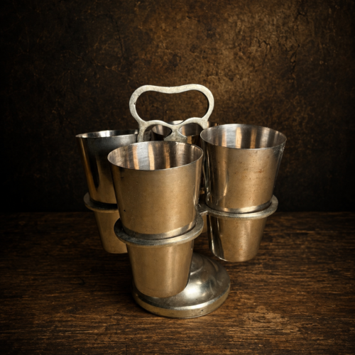 Original Vintage White Polished Brass 4 Glass Stand Set | Glass Holder with Four Tumblers