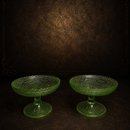 Pair of Vintage Green Pressed Glass Pedestal Compotes