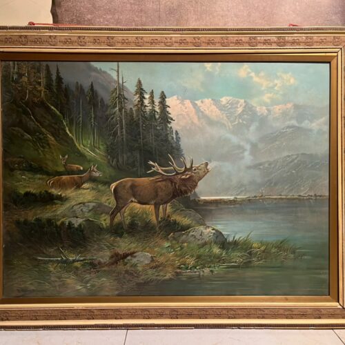 Vintage German Alpine Stag Landscape Signed: M. Müller, München (Munich, Germany)