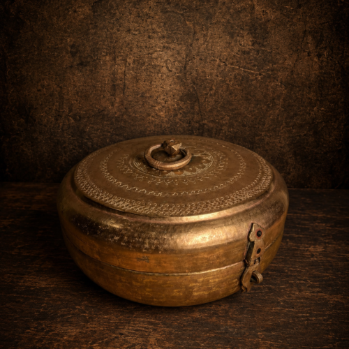 Vintage brass hand carving round large size kadi khuntha box