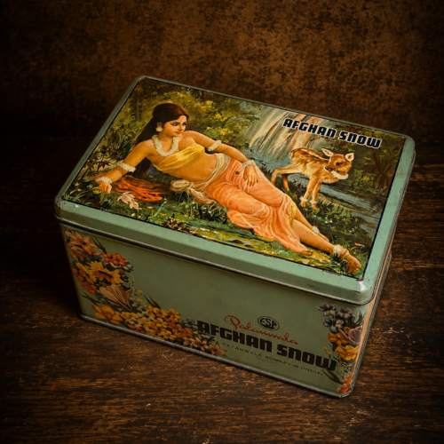 Vintage Afghan Snow Tin Storage Box