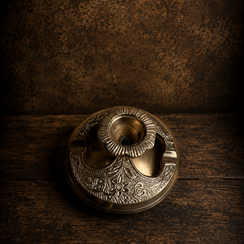 Vintage Brass Candle Holder with Dual Ash Tray | Hand-Carved Antique Smoking Accessory