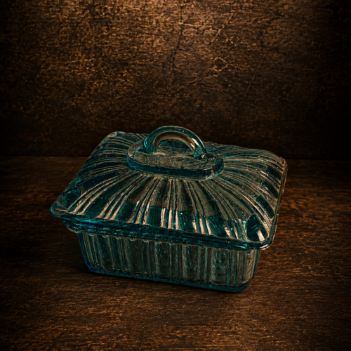 Vintage Blue Glass Covered Soap Box | Original Pressed Glass Bathroom Vanity Box