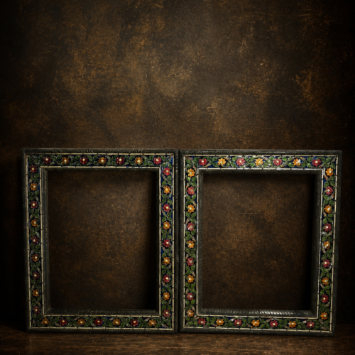 Vintage Wooden Photo & Mirror Frame with Brass White Polish and Hand Meena Work (Pair)