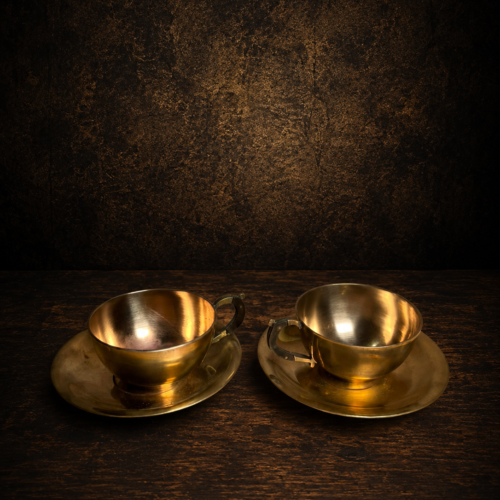 Vintage Brass Tea Cup & Saucer Set – Set of 2