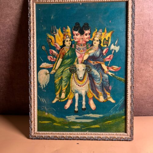 Vintage Composite Hindu Deity Oleograph Print in Old Frame – 10 x 14 Inches