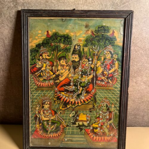 Vintage Shiv Panchayatan / Shiv Parivar Oleograph Print – 10 x 14 Inches