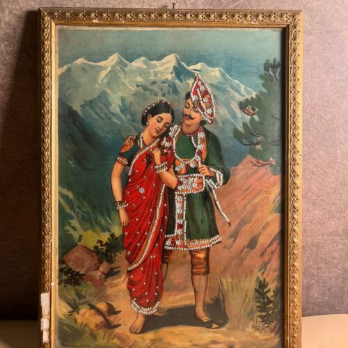 Antique German Oleograph Print with Taari Work – Ravi Varma Inspired Romantic Couple | Vintage Framed Artwork