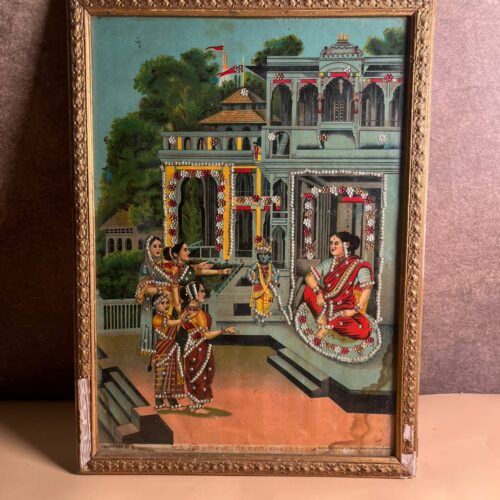 Vintage Ravi Varma Press Oleograph – Yashoda & Bal Krishna with Gopiyan | Hand Embellished Taari Work