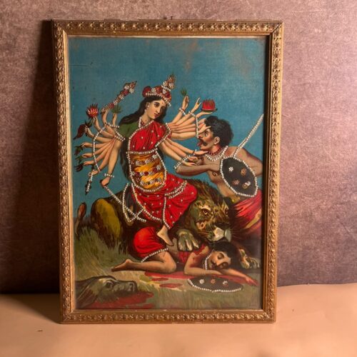 Antique Ravi Varma Press Oleograph – Mahishasura Mardini (Circa 1910–1925)