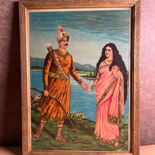 Rare Antique Ravi Varma Inspired Royal Couple Oleograph | Original Vintage Indian Chromolithograph