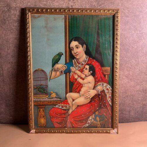 Rare Antique Ravi Varma Inspired Mother & Child Oleograph with Taari Work | Original Ravi Udaya F.A.L. Press, Bombay