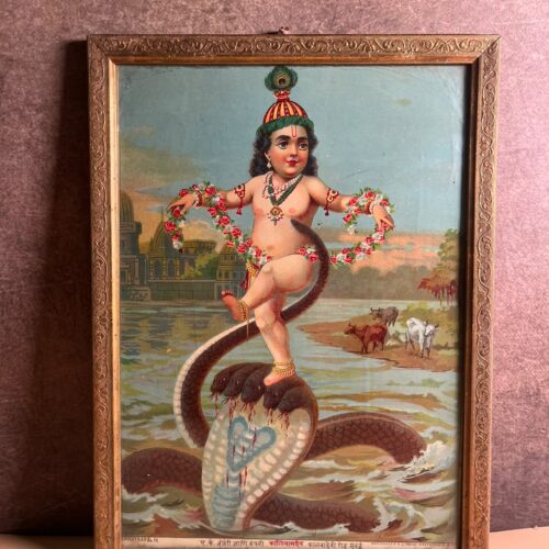 Most Rare Antique Ravi Varma Oleograph – Kaliya Mardan (Lord Krishna) | Original Ravi varma  Press, Bombay