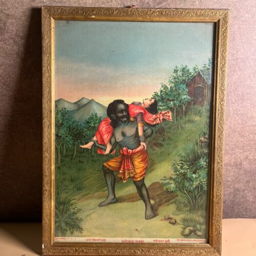 Antique Ravi Varma Press Oleograph – "Chandala Carrying an Unconscious Woman" (Circa 1910–1925)